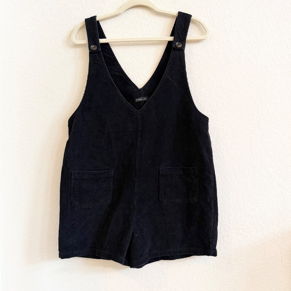 Very J Womens Black Corduroy Romper Overalls V-Neck Sleeveless Size M - Picture 2 of 10